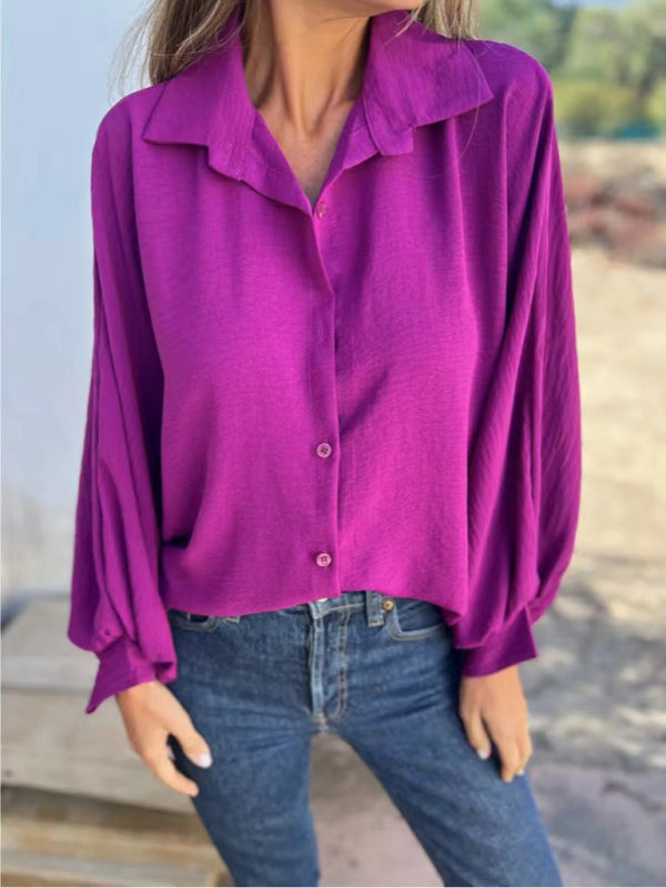 Shirts- Button-Cuff Long Sleeve Shirt- Purple- IndioGear Women Clothing