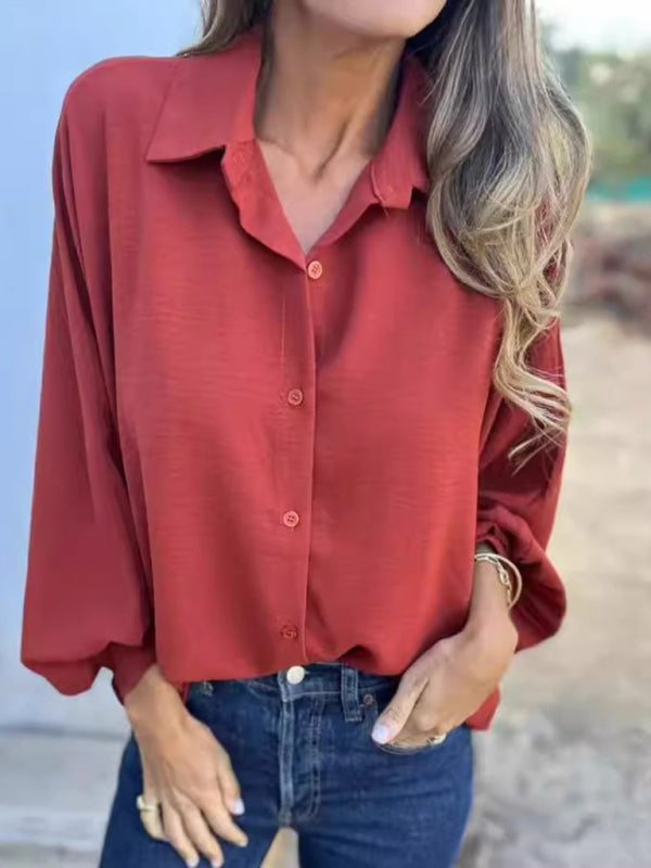 Shirts- Button-Cuff Long Sleeve Shirt- - IndioGear Women Clothing