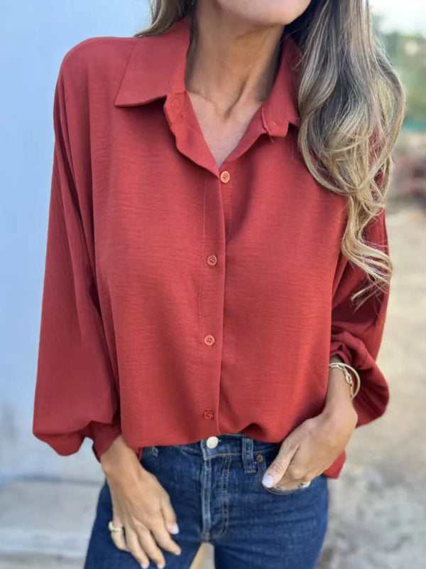 Shirts- Button-Cuff Long Sleeve Shirt- Brick red- IndioGear Women Clothing