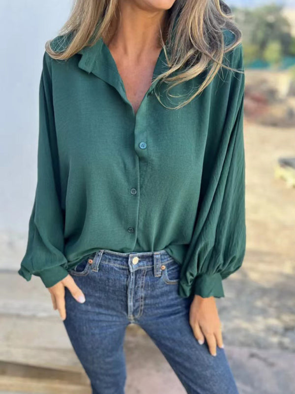 Shirts- Button-Cuff Long Sleeve Shirt- Green- IndioGear Women Clothing