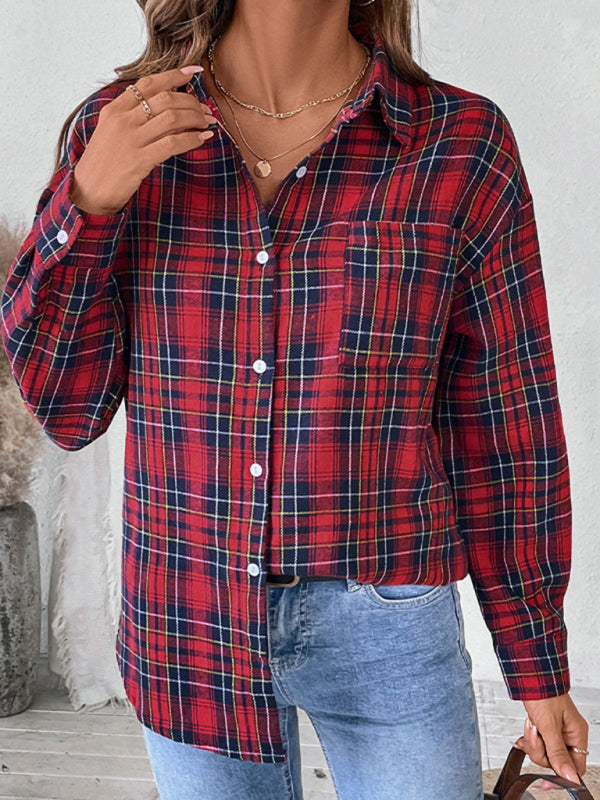 Shirts- Classic Plaid Button-Up Shirt with Long Sleeves- - IndioGear Women Clothing