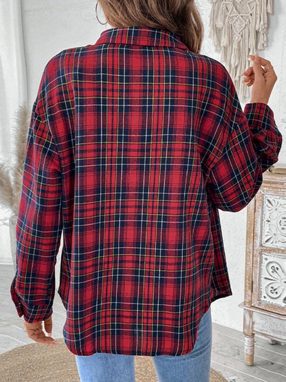 Shirts- Classic Plaid Button-Up Shirt with Long Sleeves- - IndioGear Women Clothing