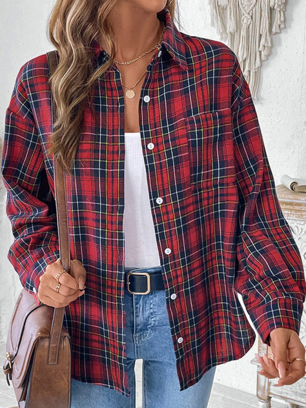 Shirts- Classic Plaid Button-Up Shirt with Long Sleeves- Red- IndioGear Women Clothing