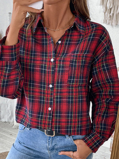 Shirts- Classic Plaid Button-Up Shirt with Long Sleeves- - IndioGear Women Clothing