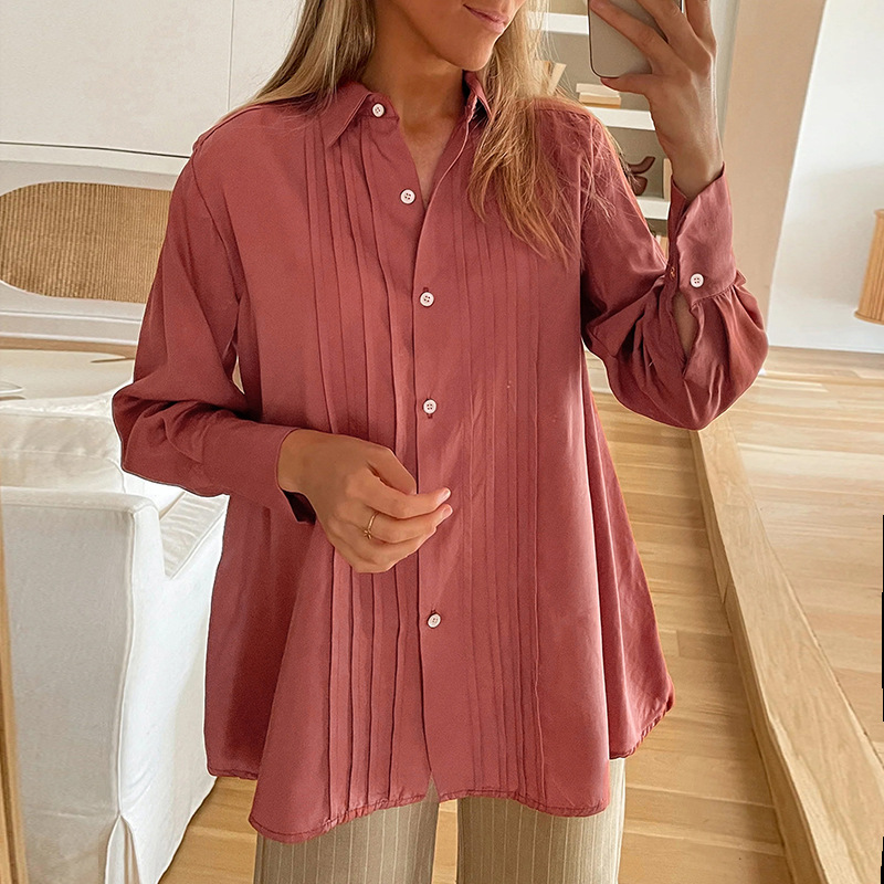 Shirts- Classic Pleated Loose-Fit Long Sleeve Shirt- - IndioGear.com