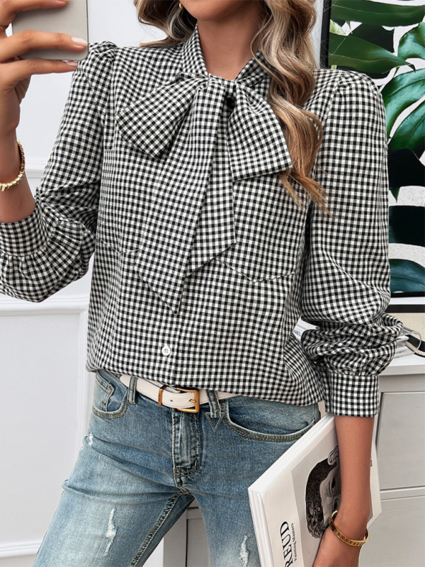 Shirts- Elegant Gingham Bow Tie Blouse – Perfect for Office- - IndioGear.com