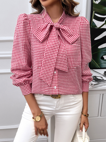 Shirts- Elegant Gingham Bow Tie Blouse – Perfect for Office- - IndioGear.com