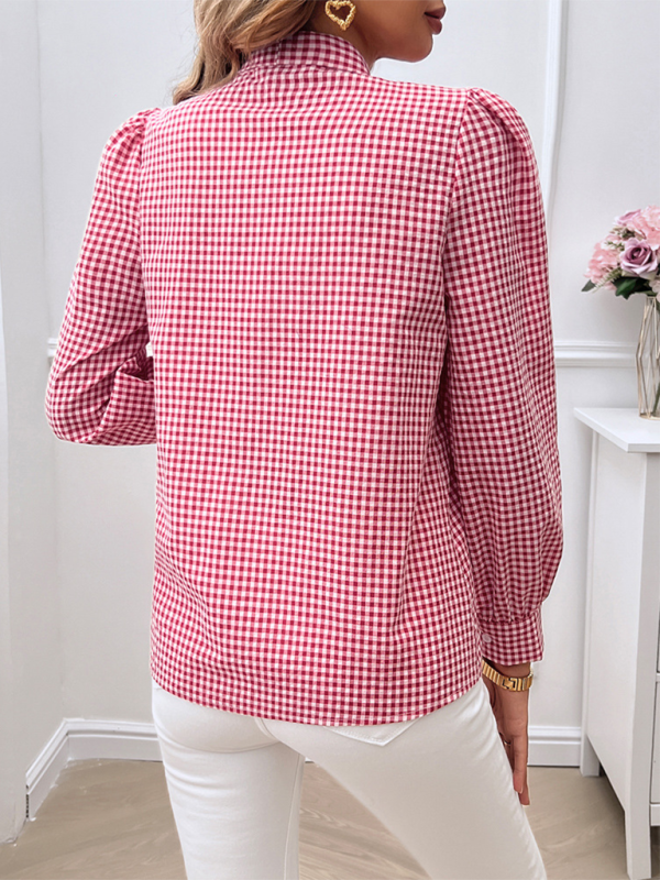 Shirts- Elegant Gingham Bow Tie Blouse – Perfect for Office- - IndioGear.com