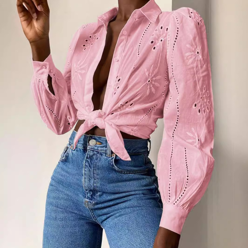 Shirts- Embroidered Puff Sleeve Shirt Long Sleeve Blouse- - IndioGear.com