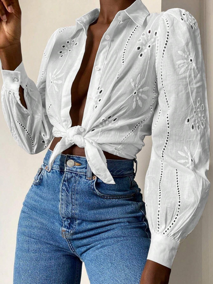 Shirts- Embroidered Puff Sleeve Shirt Long Sleeve Blouse- - IndioGear.com