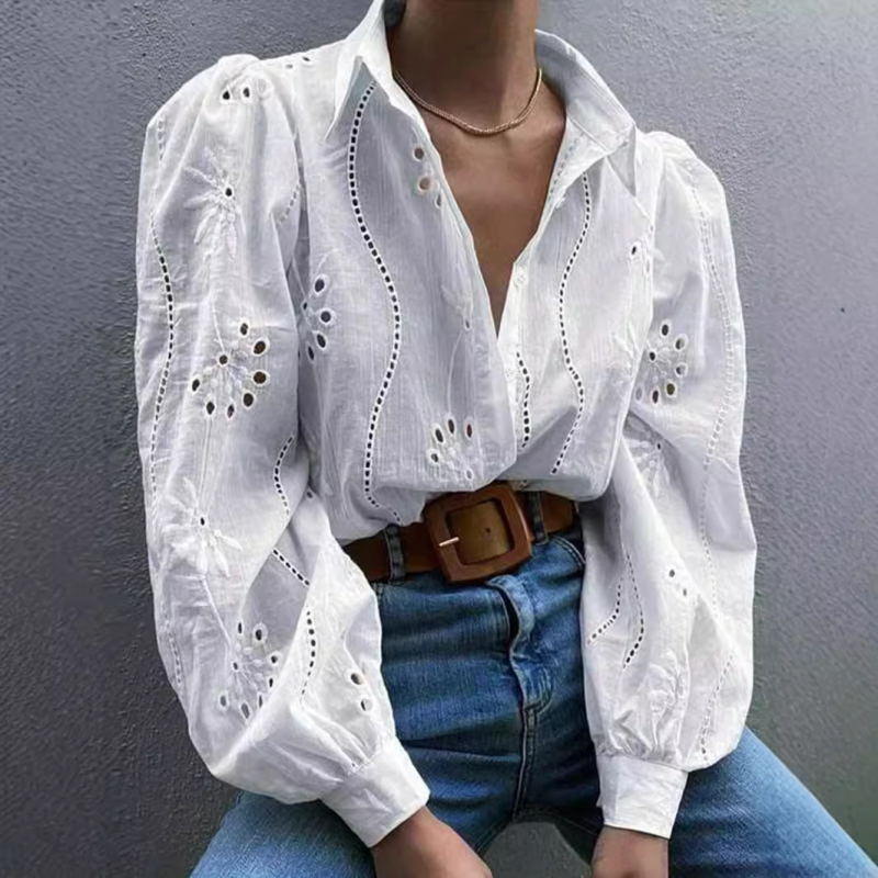 Shirts- Embroidered Puff Sleeve Shirt Long Sleeve Blouse- - IndioGear.com