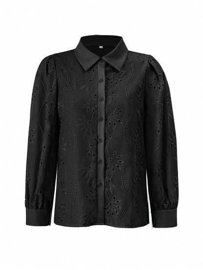 Shirts- Embroidered Puff Sleeve Shirt Long Sleeve Blouse- - IndioGear.com