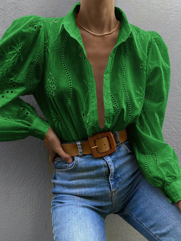 Shirts- Embroidered Puff Sleeve Shirt Long Sleeve Blouse- - IndioGear.com