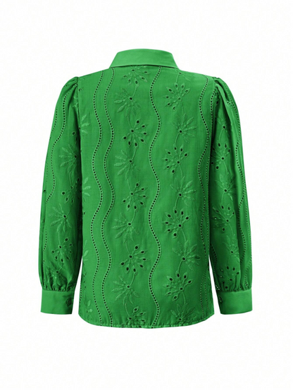 Shirts- Embroidered Puff Sleeve Shirt Long Sleeve Blouse- Green- IndioGear.com