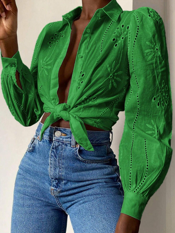 Shirts- Embroidered Puff Sleeve Shirt Long Sleeve Blouse- - IndioGear.com