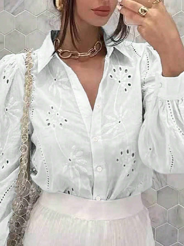 Shirts- Embroidered Puff Sleeve Shirt Long Sleeve Blouse- - IndioGear.com