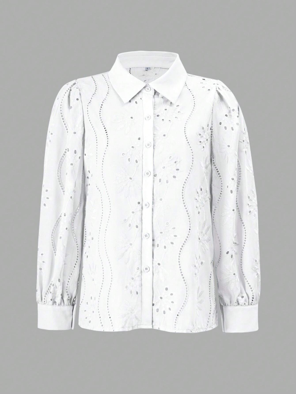 Shirts- Embroidered Puff Sleeve Shirt Long Sleeve Blouse- White- IndioGear.com