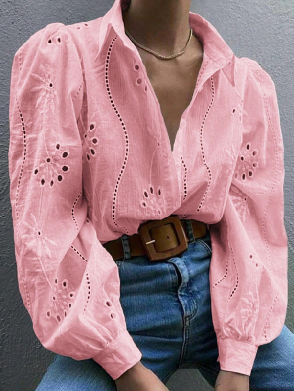 Shirts- Embroidered Puff Sleeve Shirt Long Sleeve Blouse- Pink- IndioGear.com