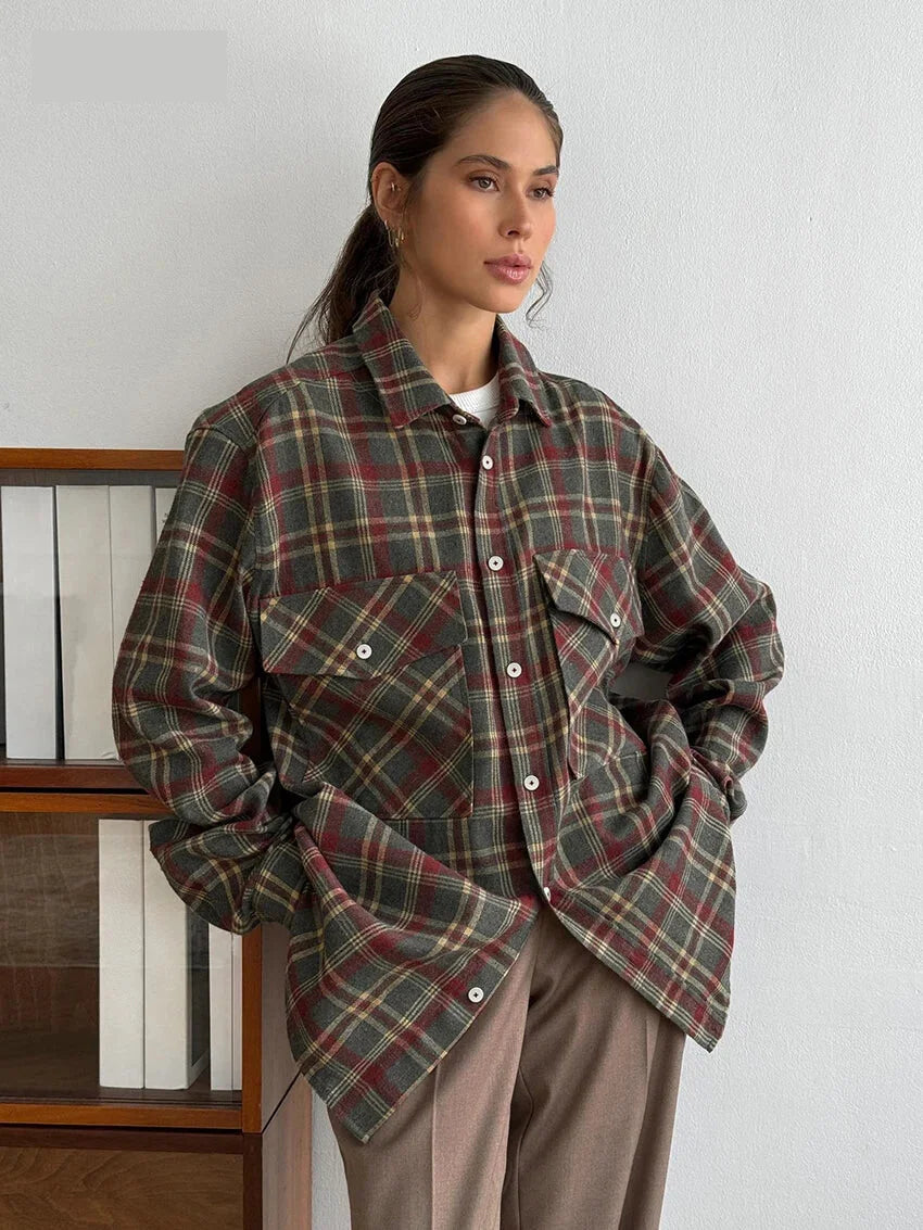 Shirts- Essential Autumn Layer Cozy Plaid Tartan Shirt for Women- Brown- Chuzko Women Clothing