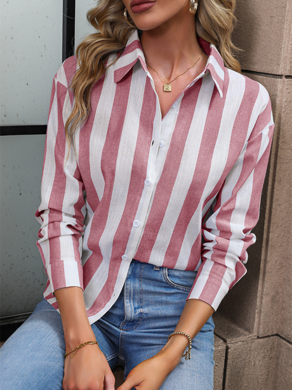 Shirts- Essential Women's Striped Button-up Shirt with Long Sleeves- - IndioGear.com