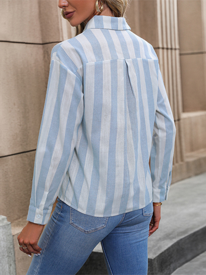 Shirts- Essential Women's Striped Button-up Shirt with Long Sleeves- - IndioGear.com