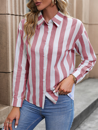 Shirts- Essential Women's Striped Button-up Shirt with Long Sleeves- - IndioGear.com