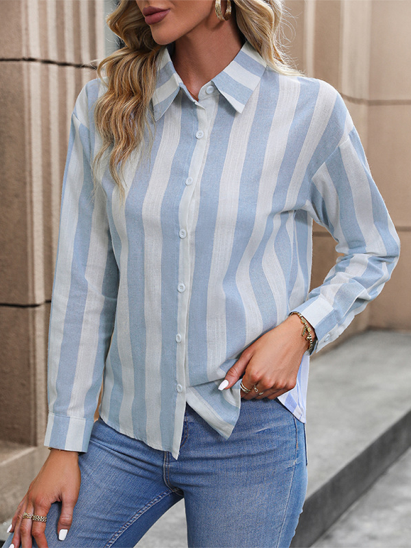 Shirts- Essential Women's Striped Button-up Shirt with Long Sleeves- Blue- IndioGear.com