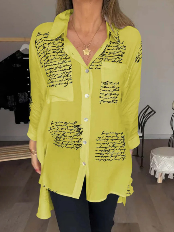 Shirts- Letter-Printed Women's High-Low Shirt with Long Sleeves- Yellow- IndioGear.com