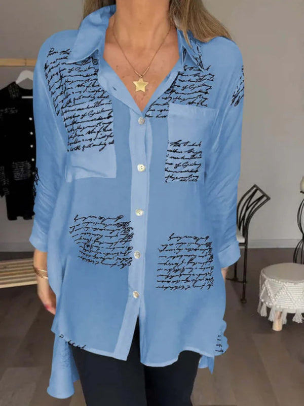 Shirts- Letter-Printed Women's High-Low Shirt with Long Sleeves- Sky blue azure- IndioGear.com