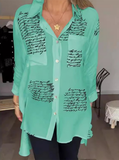 Shirts- Letter-Printed Women's High-Low Shirt with Long Sleeves- Pale green- IndioGear.com