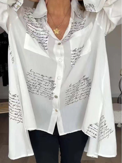 Shirts- Letter-Printed Women's High-Low Shirt with Long Sleeves- White- IndioGear.com