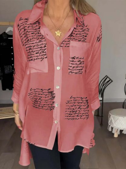 Shirts- Letter-Printed Women's High-Low Shirt with Long Sleeves- Rose- IndioGear.com