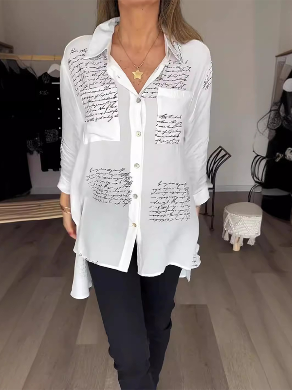 Shirts- Letter-Printed Women's High-Low Shirt with Long Sleeves- - IndioGear.com