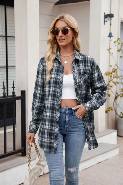 Shirts- Loose-Fit Comfy Plaid Shirt for Modern Women- - Chuzko Women Clothing