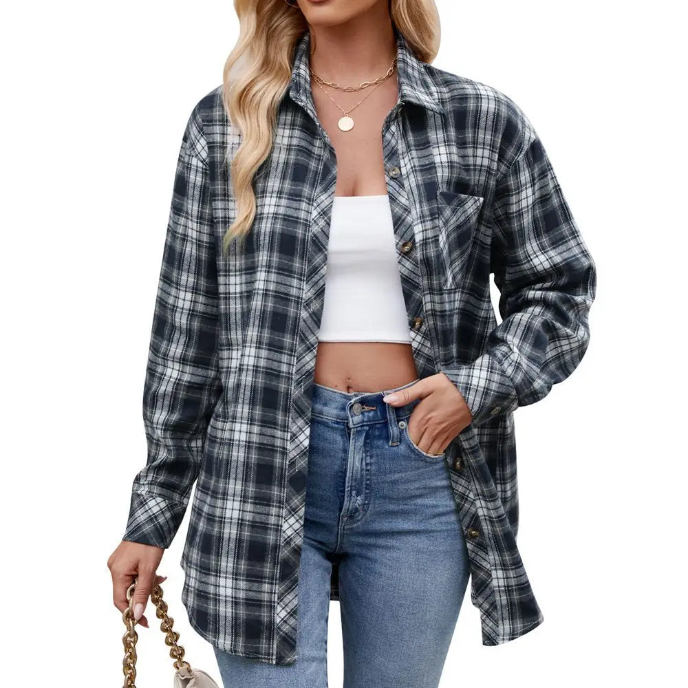 Shirts- Loose-Fit Comfy Plaid Shirt for Modern Women- Navy blue- Chuzko Women Clothing