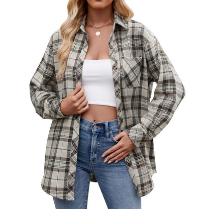 Shirts- Loose-Fit Comfy Plaid Shirt for Modern Women- Apricot- Chuzko Women Clothing