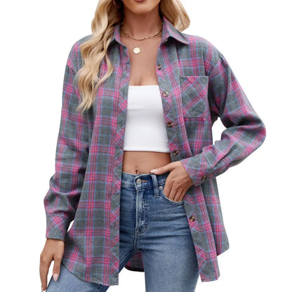 Shirts- Loose-Fit Comfy Plaid Shirt for Modern Women- Purple gray- Chuzko Women Clothing