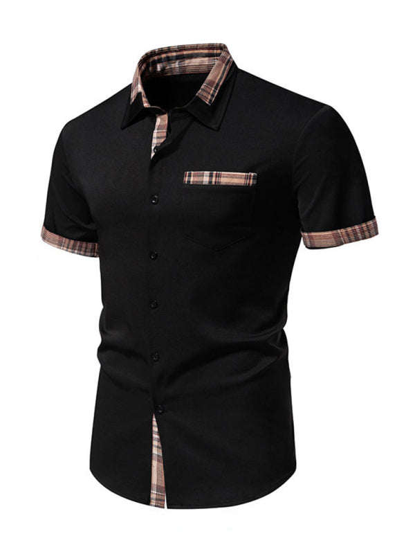 Solid Shirt with Contrast Plaid Hem for Men