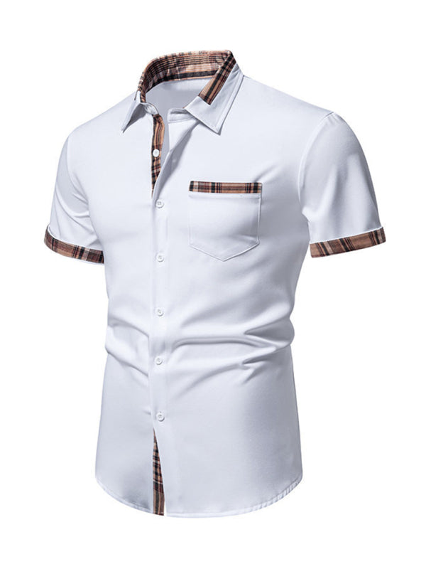 Chemise unie avec ourlet à carreaux contrastés pour homme