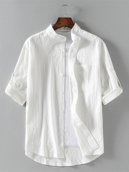 Shirts- Men's Textured Cotton Shirt Classic Collar & Button Tabs- White- IndioGear.com