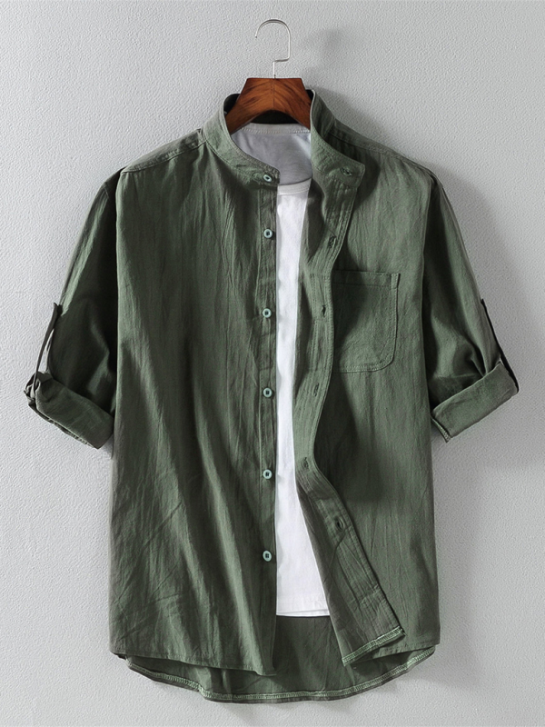 Shirts- Men's Textured Cotton Shirt Classic Collar & Button Tabs- Olive green- IndioGear.com