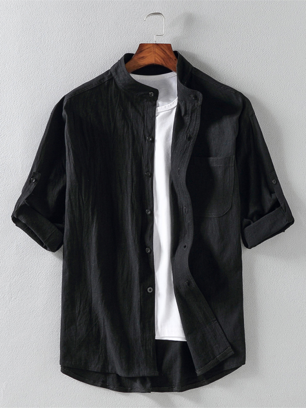 Shirts- Men's Textured Cotton Shirt Classic Collar & Button Tabs- Black- IndioGear.com