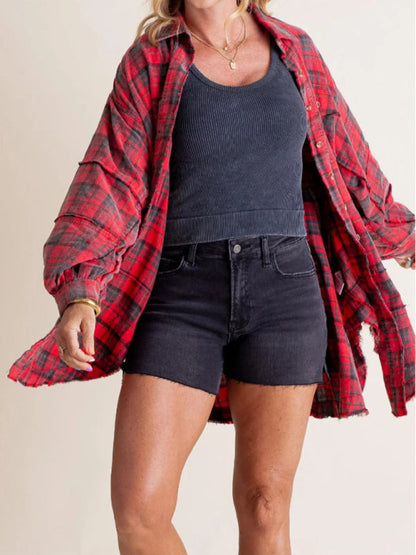 Shirts- Oversized Plaid Shirt Everyday Frayed Layering- Red- IndioGear Women Clothing