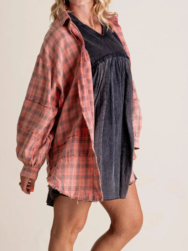 Shirts- Oversized Plaid Shirt Everyday Frayed Layering- - IndioGear Women Clothing