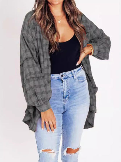 Shirts- Oversized Plaid Shirt Everyday Frayed Layering- Charcoal grey- IndioGear Women Clothing