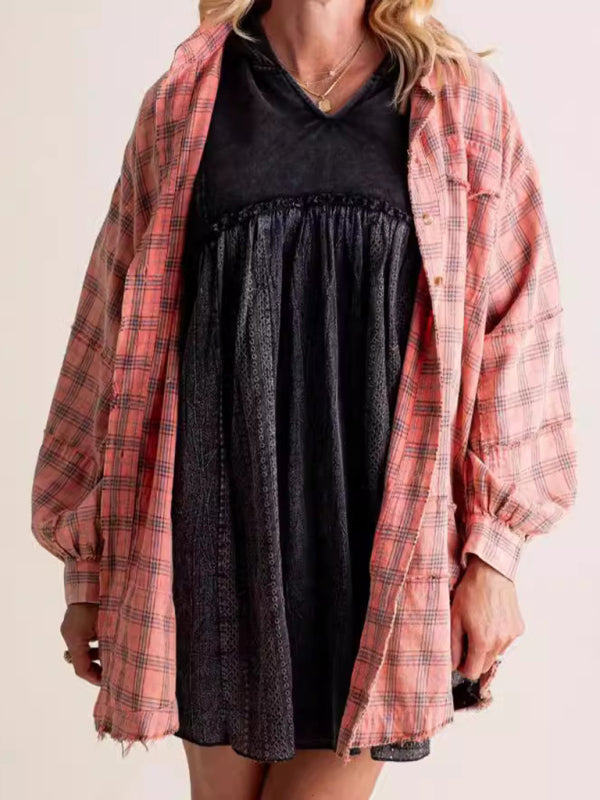 Shirts- Oversized Plaid Shirt Everyday Frayed Layering- Pink- IndioGear Women Clothing