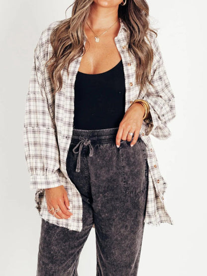 Shirts- Oversized Plaid Shirt Everyday Frayed Layering- White- IndioGear Women Clothing