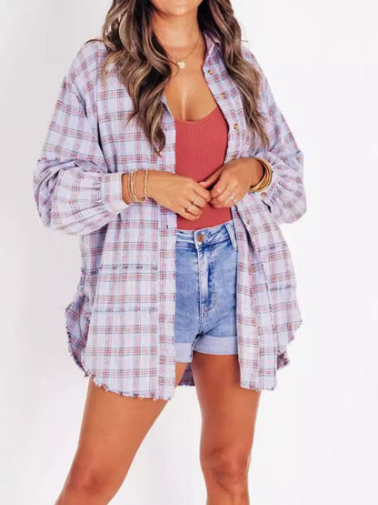 Shirts- Oversized Plaid Shirt Everyday Frayed Layering- Purple- IndioGear Women Clothing