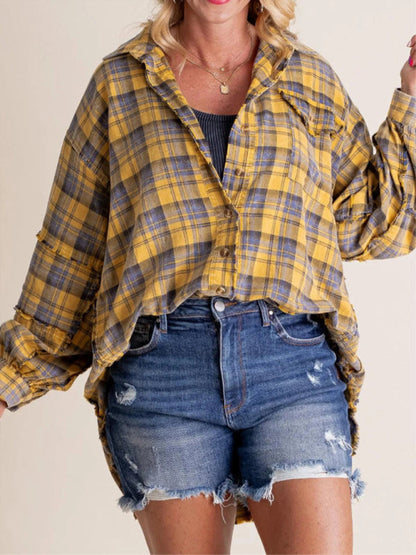 Shirts- Oversized Plaid Shirt Everyday Frayed Layering- Yellow- IndioGear Women Clothing