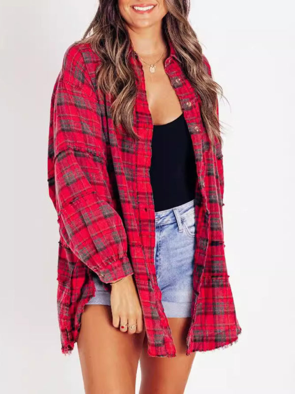 Shirts- Oversized Plaid Shirt Everyday Frayed Layering- - IndioGear Women Clothing